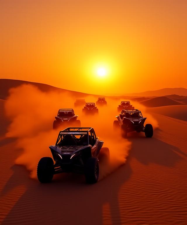 A fleet of dune buggies racing through the desert at sunset.