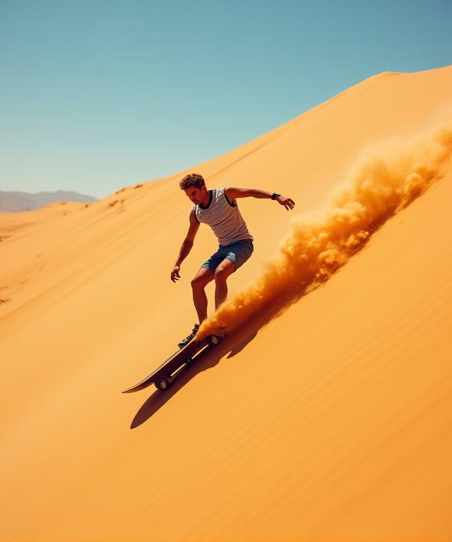 A person sandboarding down a large dune after a buggy tour.