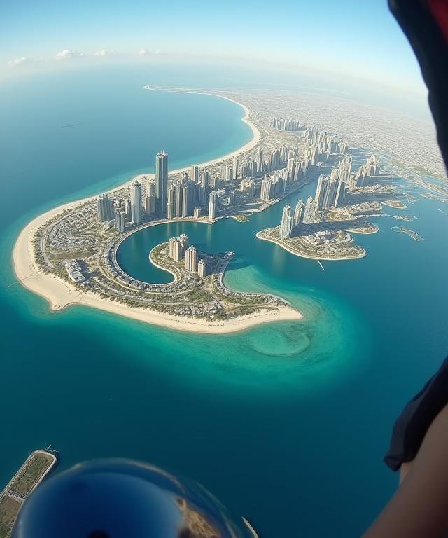 A skydiver's view of Palm Jumeirah in Dubai during freefall.