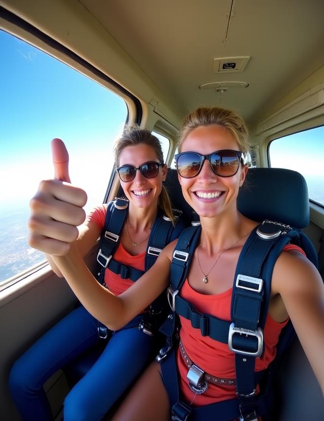 A couple giving a thumbs-up just before jumping from the plane.