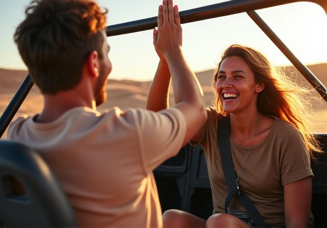 Two friends high-fiving on a dune buggy adventure.