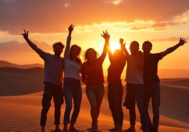 A group of friends posing for a photo in the desert at sunset.