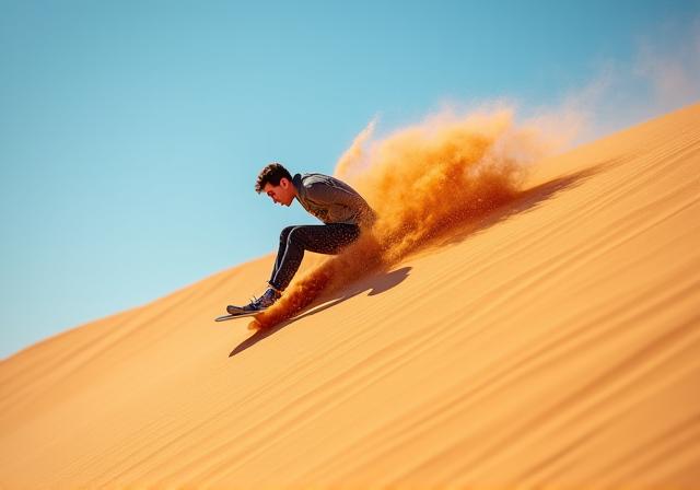 A person sandboarding down a steep dune.