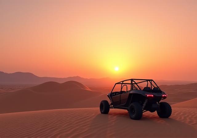 Dune buggy parked at sunrise with vast desert views.