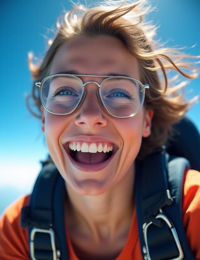 Close-up of a tourist's joyful face during a skydive.